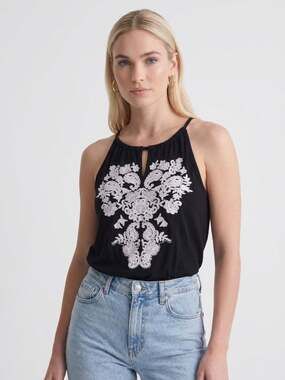 INC International Concepts Tank Top Size L Black Embroidered Paisley